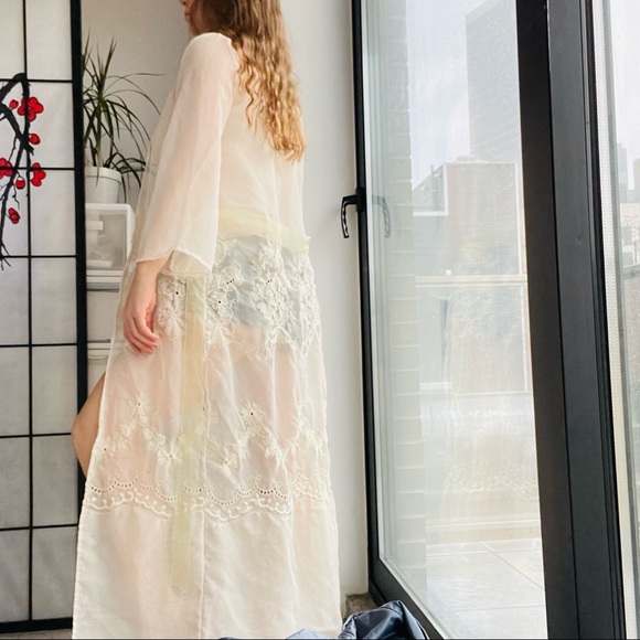 McClintock Floral Organza Transparent Bell Sleeve Belted Embroidered Long Robe - Picture 7 of 17